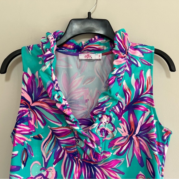 Aryeh Tropical Print Ruffle Neckline Sleeveless UPF +50 Sleeveless Dress, S - Picture 6 of 8